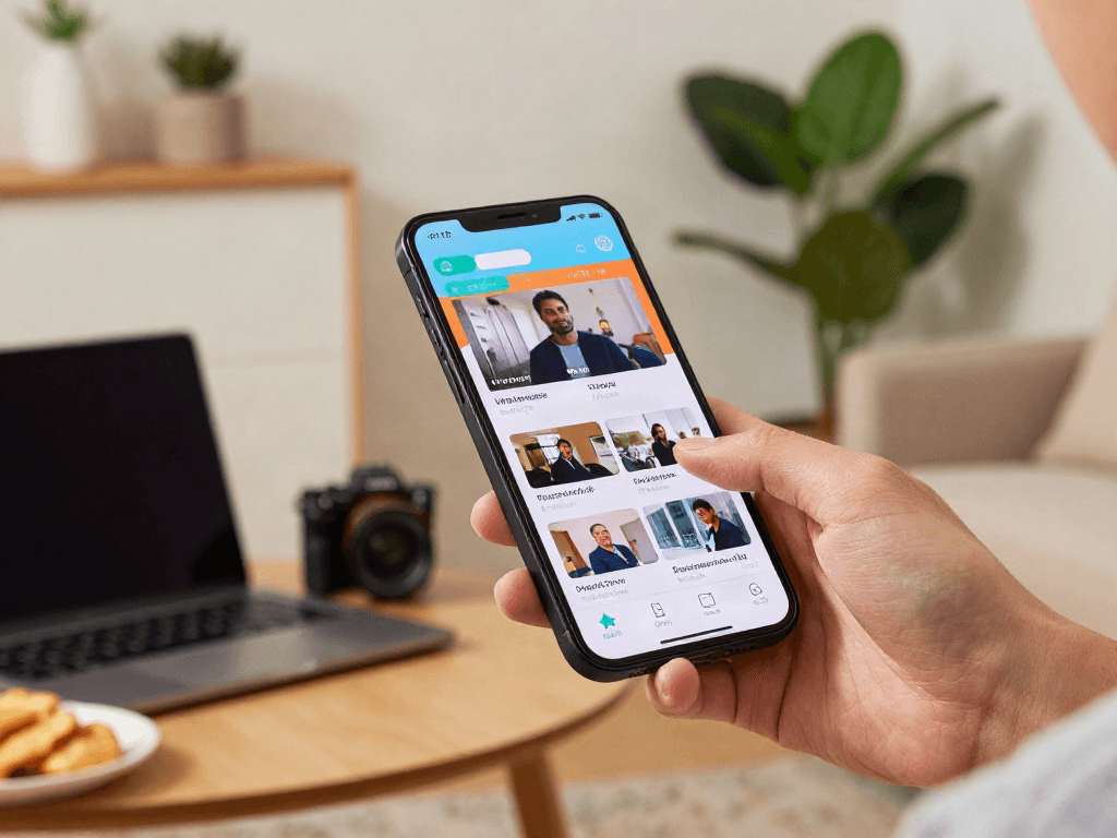 User interacting with the pikashow app on smartphone in a cozy living room setting, showcasing vibrant UI elements.