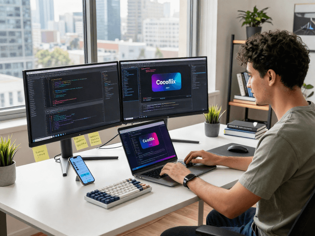 Developer coding cocoflix apk application in a modern workspace, surrounded by tech elements and natural light.