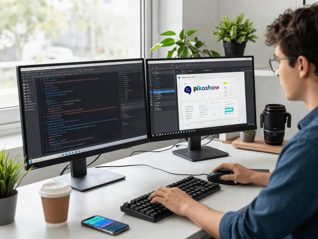 Developer coding the pikashow apk within a bright modern office environment, showcasing dual monitors and a creative workspace.