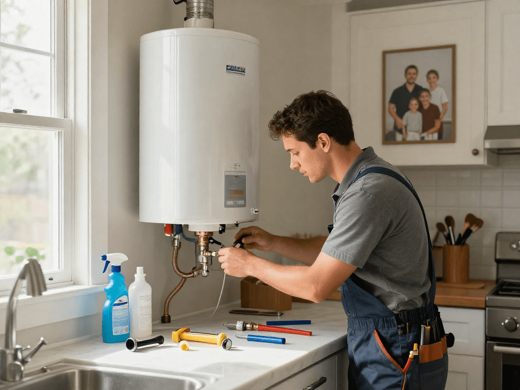 Experienced plumber Fort Worth repairing water heater in sunny kitchen.