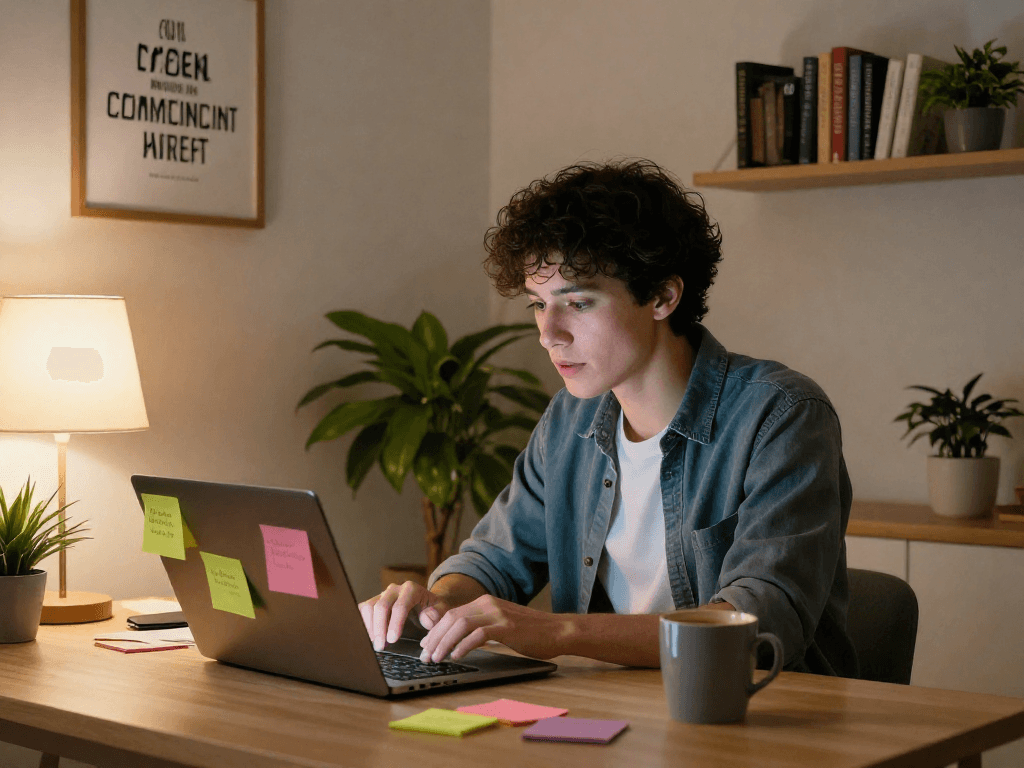 Engaging in nsfw chat on a laptop in a cozy home office setting
