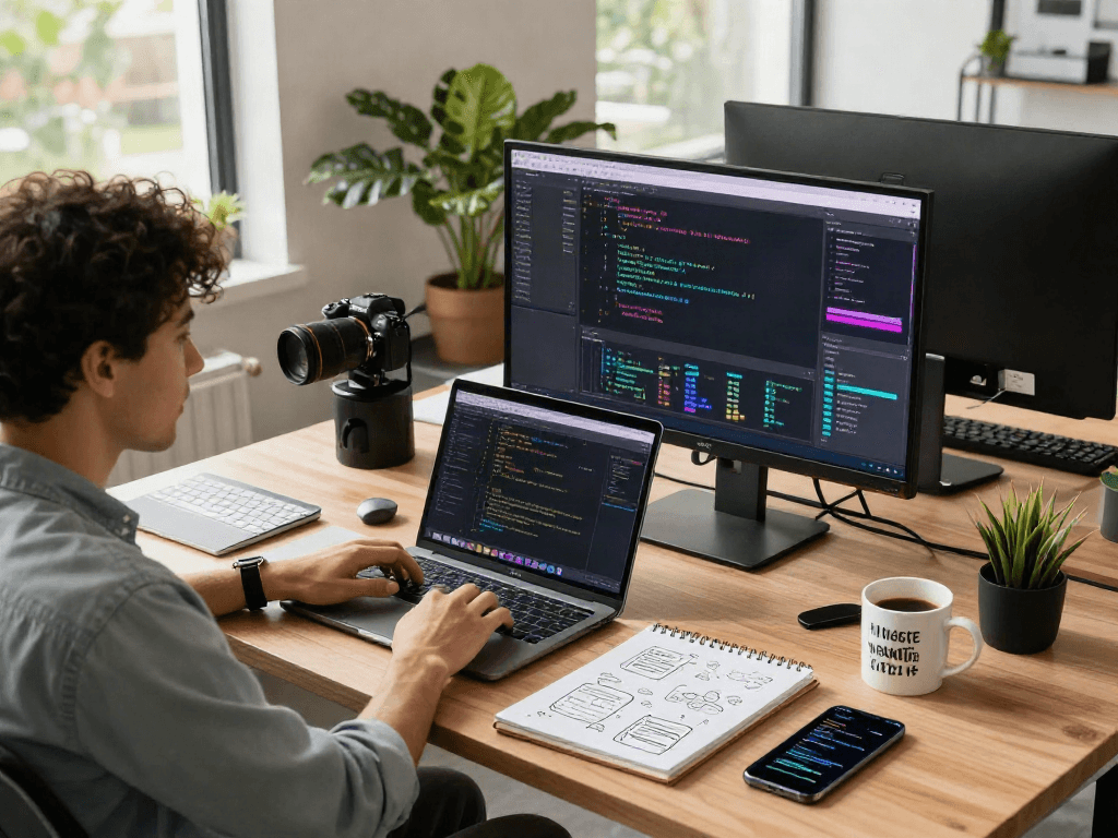 Pengembang perangkat lunak di快连官网 dengan layar monitor menampilkan visualisasi data, menciptakan suasana profesional dan inspiratif.