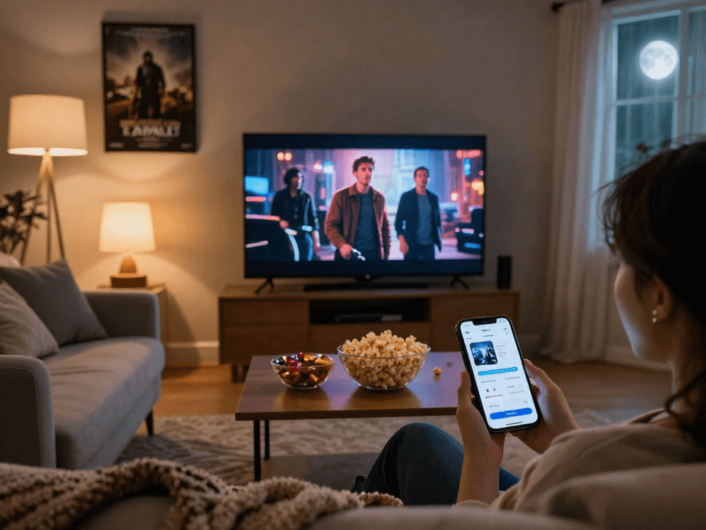 Moviebox app download on smartphone during a cozy movie night in a living room.