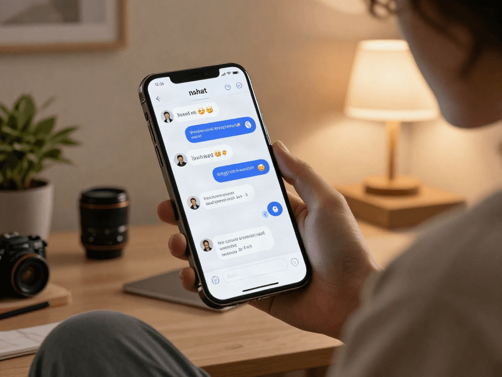 Engaging scene of a young adult interacting with a nsfw chat bot on a smartphone, showcasing modern digital communication.