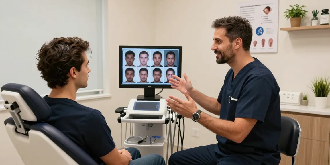 Hair transplant Istanbul consultation between patient and surgeon in a modern clinic.