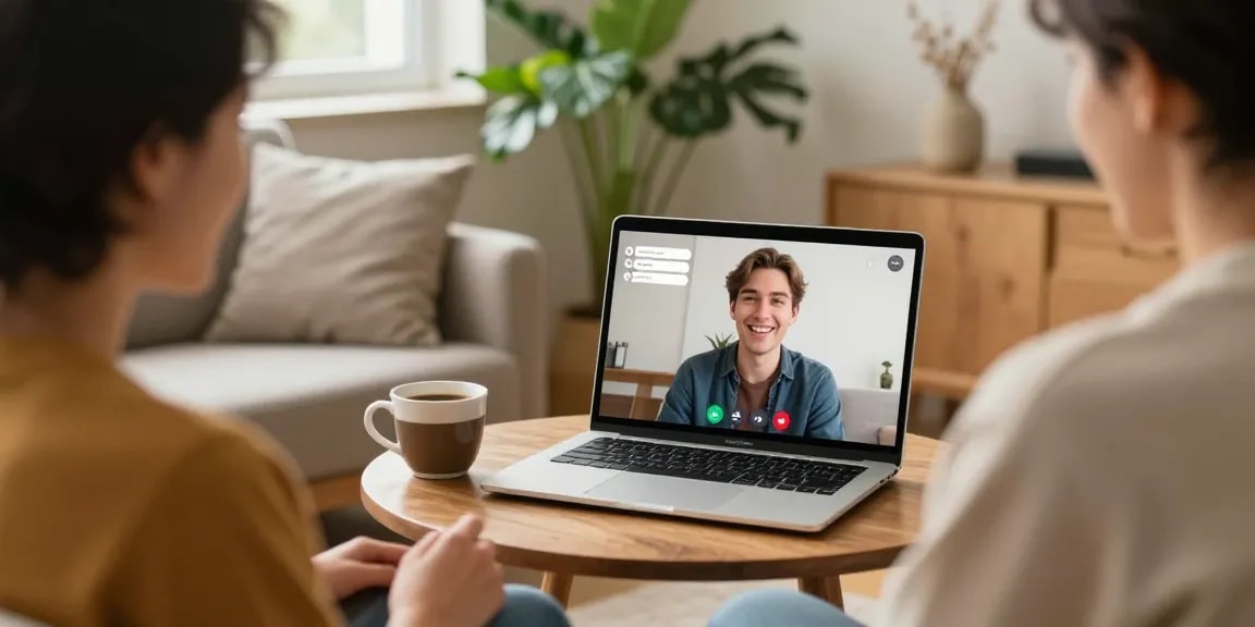 Two people enjoying a private 1v1 chat on a laptop in a cozy home setting.
