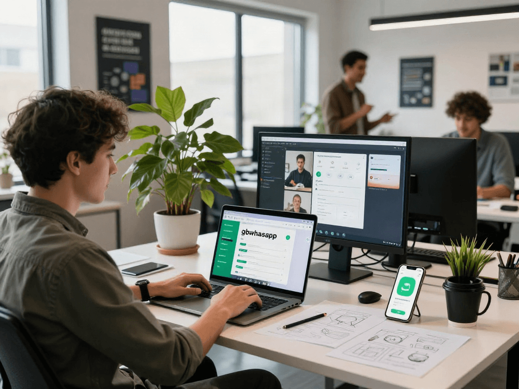 Developer using gbwhatsapp interface in a bright, modern tech workspace, collaborating with colleagues.