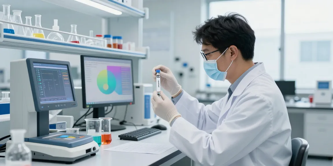 Scientist analyzing Tesamorelin research vial in a high-tech laboratory.