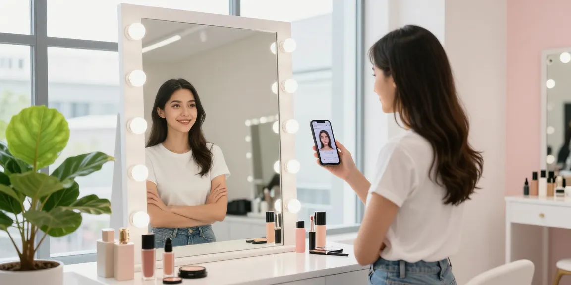 Model testing attractiveness with a smartphone app in a modern beauty studio