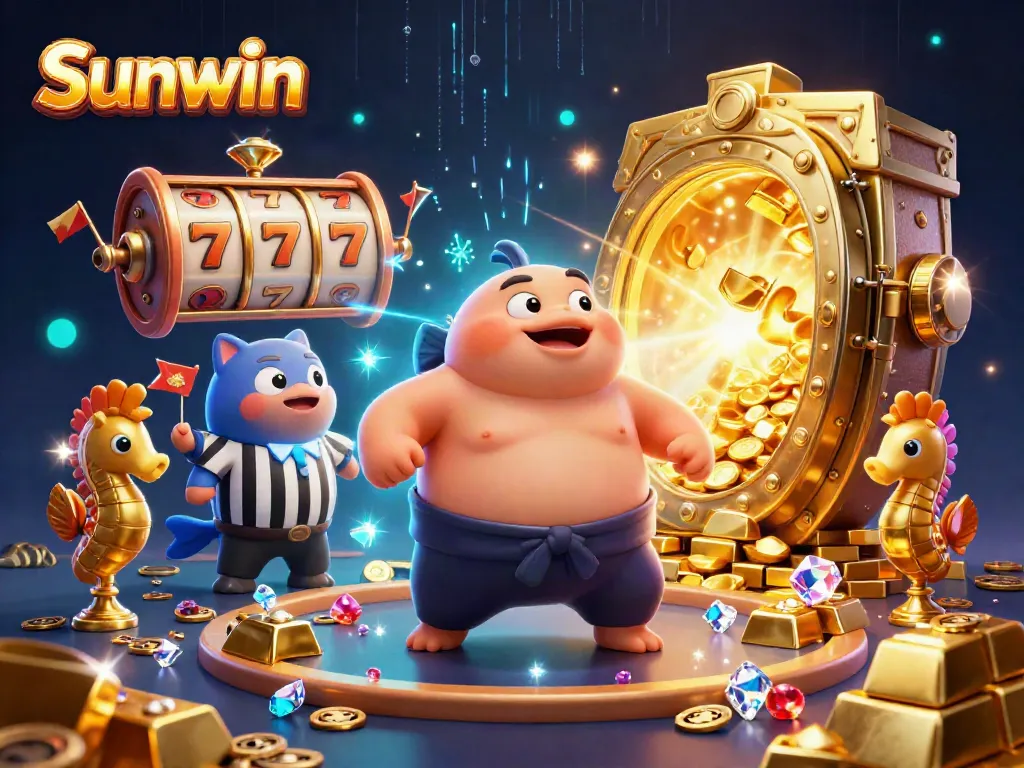 Sunwin's 3D cartoon scene captures a vibrant underwater casino with a blowfish, referee catfish, and seahorses amid riches.