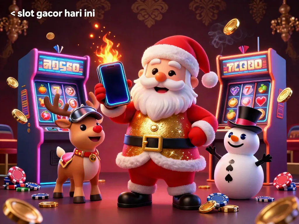 Experience jackpots with "slot gacor hari ini" in vivid 3D, featuring Santa, a reindeer, and a snowman in a lively casino scene.