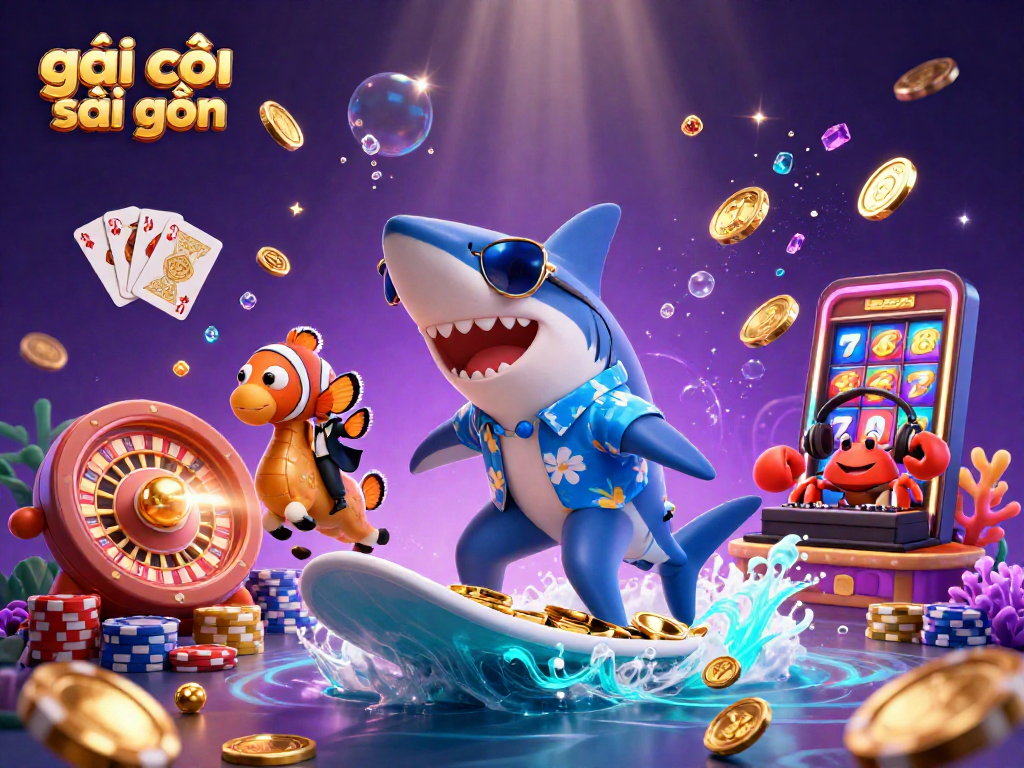 Engage with gái gọi sài gòn, as a hammer-head shark surfs on gold coins among casino elements.