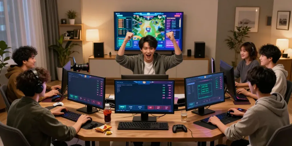 Suasana gaming online di rumah dengan pemain merayakan kemenangan di Dewatogel.