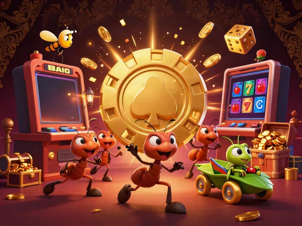 Asialive88 presents a vibrant scene of 3D cartoon characters heisting a giant poker chip amidst casino delights.