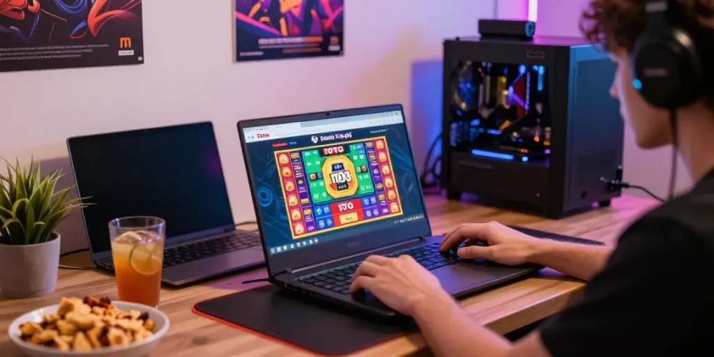 Dewatogel gaming experience showcasing online player with vibrant screen.