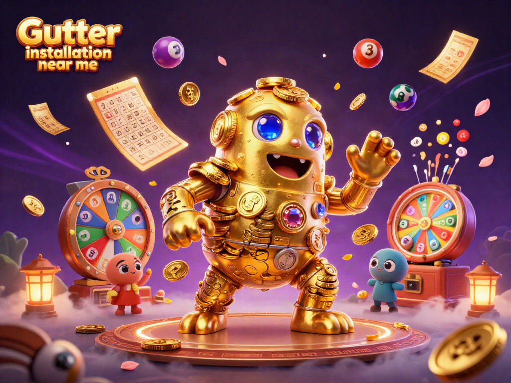 Engage in Gutter installation near me with colorful lottery elements and a golden golem illustration.