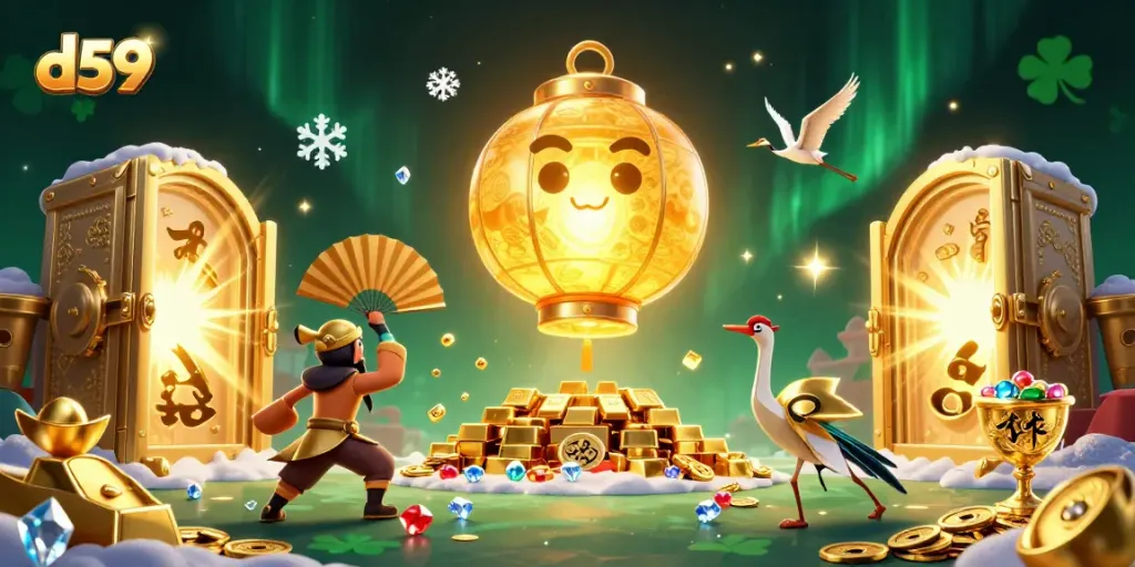 Engage in thrilling gameplay with d59's vibrant casino scene featuring golden treasures and mystical elements.