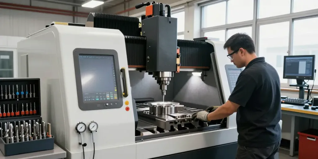 CNC machine shop with a skilled machinist operating advanced milling equipment, emphasizing precision and quality.