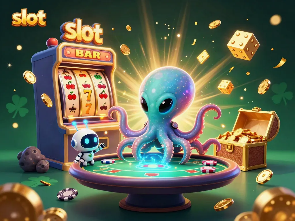 Engage with an exciting slot machine scene featuring alien characters and holographic elements.