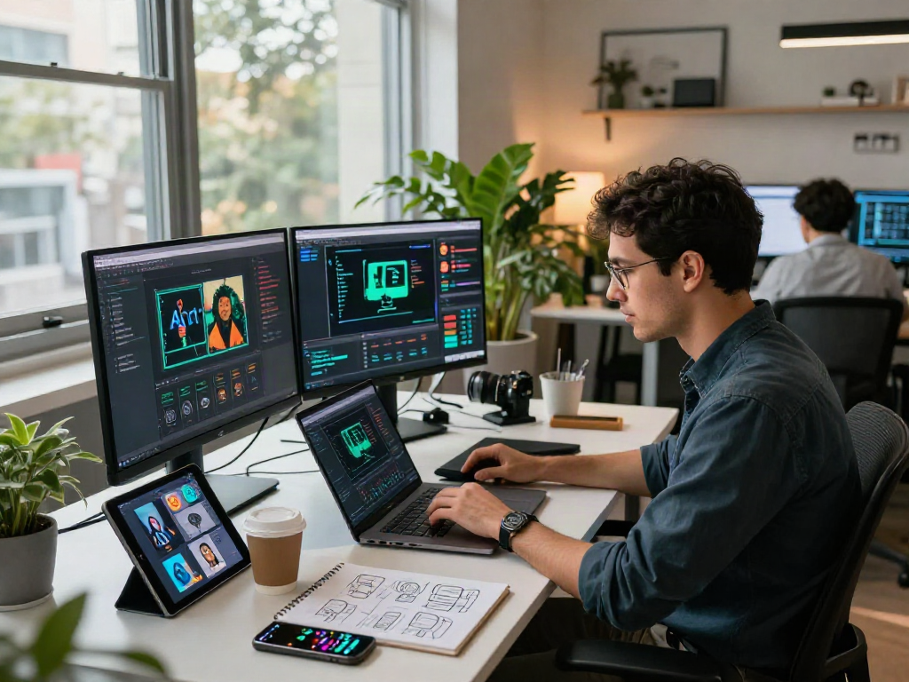 AI Image Detector workspace with a software engineer analyzing algorithms in a modern office.