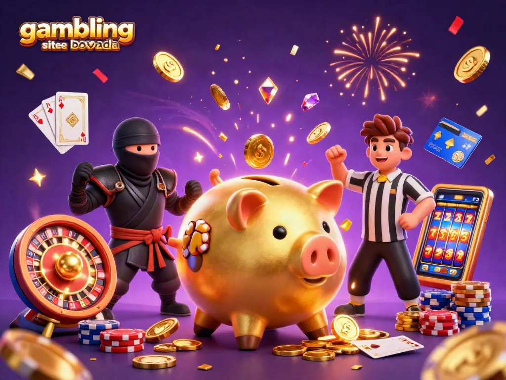 Exciting scene of gambling sites like Bovada with animated characters amidst cascading coins and casino elements.