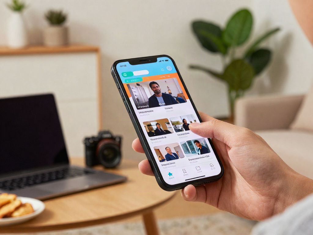 User interacting with the pikashow app on smartphone in a cozy living room setting, showcasing vibrant UI elements.