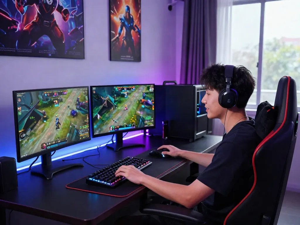 Gamer enjoying qqmacan on a vibrant multi-monitor setup in a modern gaming room.