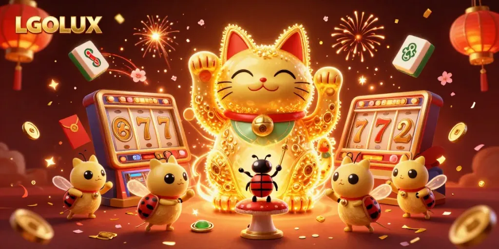 Experience the magic of LGOLUX as animated fireflies create a lucky cat surrounded by casino symbols.