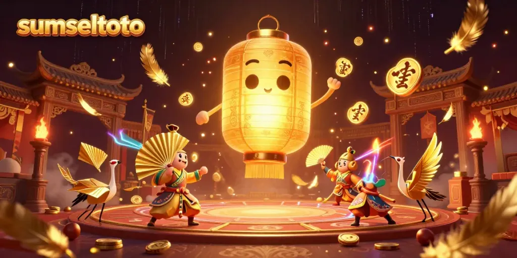 Engage with sumseltoto as a vibrant online casino experience showcasing glowing characters amidst a night market.