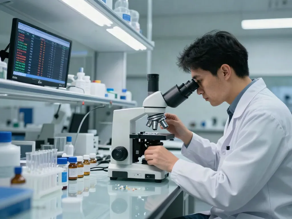 Researcher in a lab analyzing peptide prices on http://peptideprice.store/ with vials and equipment.