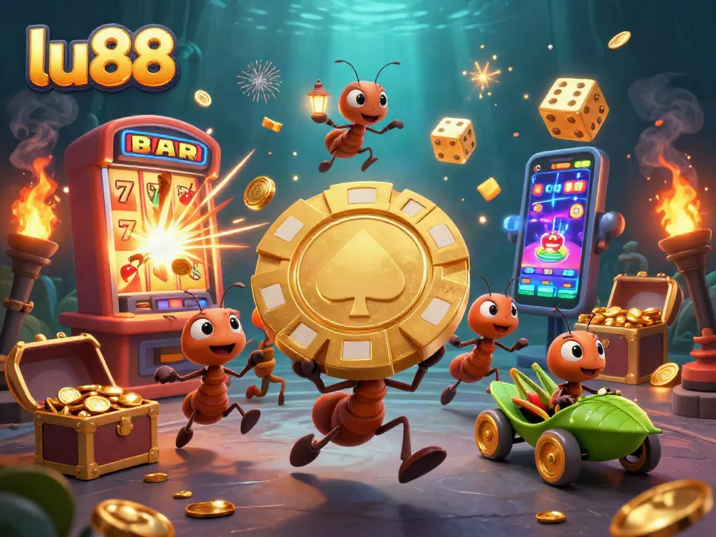 Experience the thrill of lu88 as tiny ants execute a heist with a giant poker chip among a dazzling casino backdrop.
