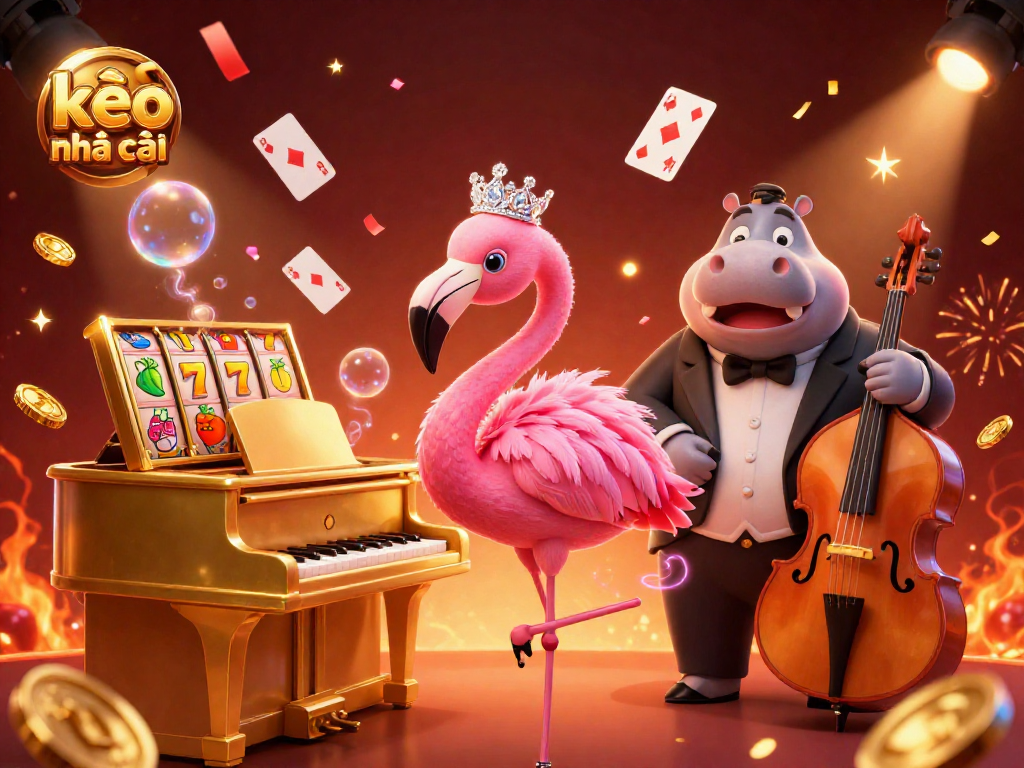Engage with kèo nhà cái through a lively casino scene featuring a flamingo singer and a hippo bassist.
