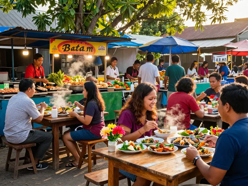 Explore kinalyrestaurant.com cuisine with a vibrant outdoor dining scene in Batam's bustling food market.