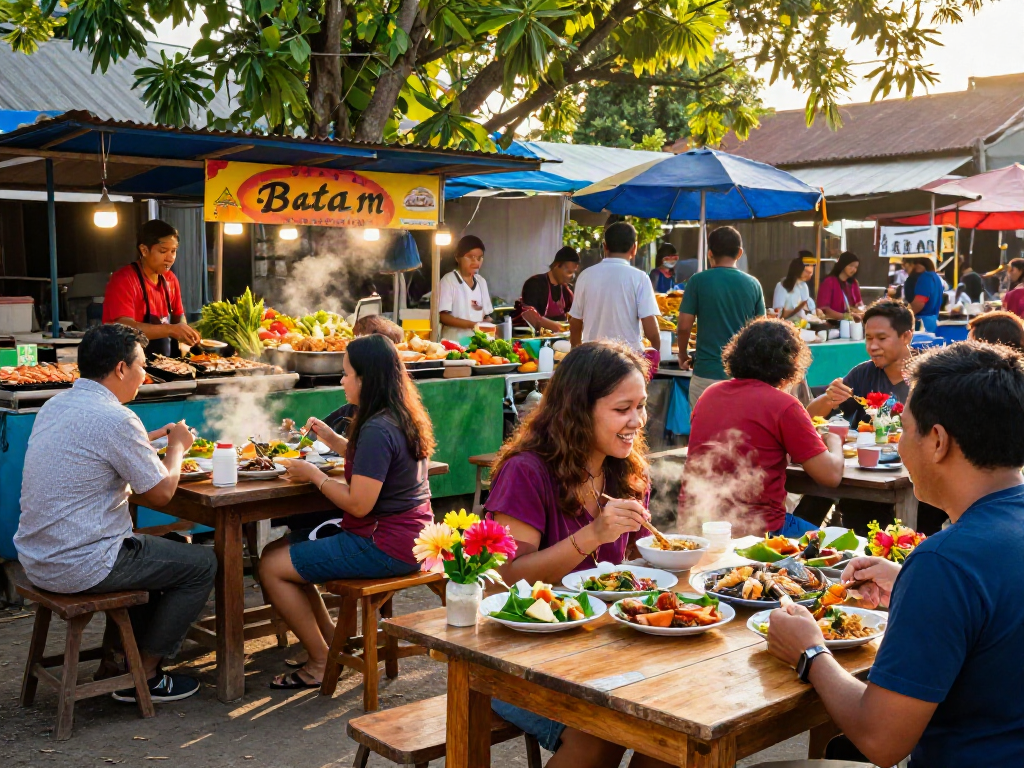 Explore kinalyrestaurant.com cuisine with a vibrant outdoor dining scene in Batam's bustling food market.