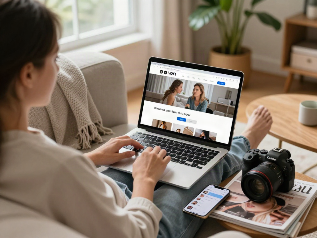 Person exploring how old do I look through an online photo upload platform in a cozy home setting.
