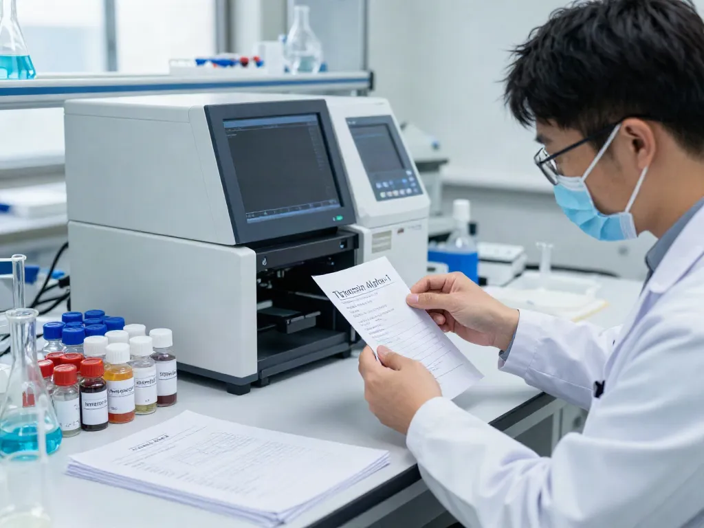 Thymosin Alpha-1 for sale in a professional lab setting with a researcher analyzing compound purity.