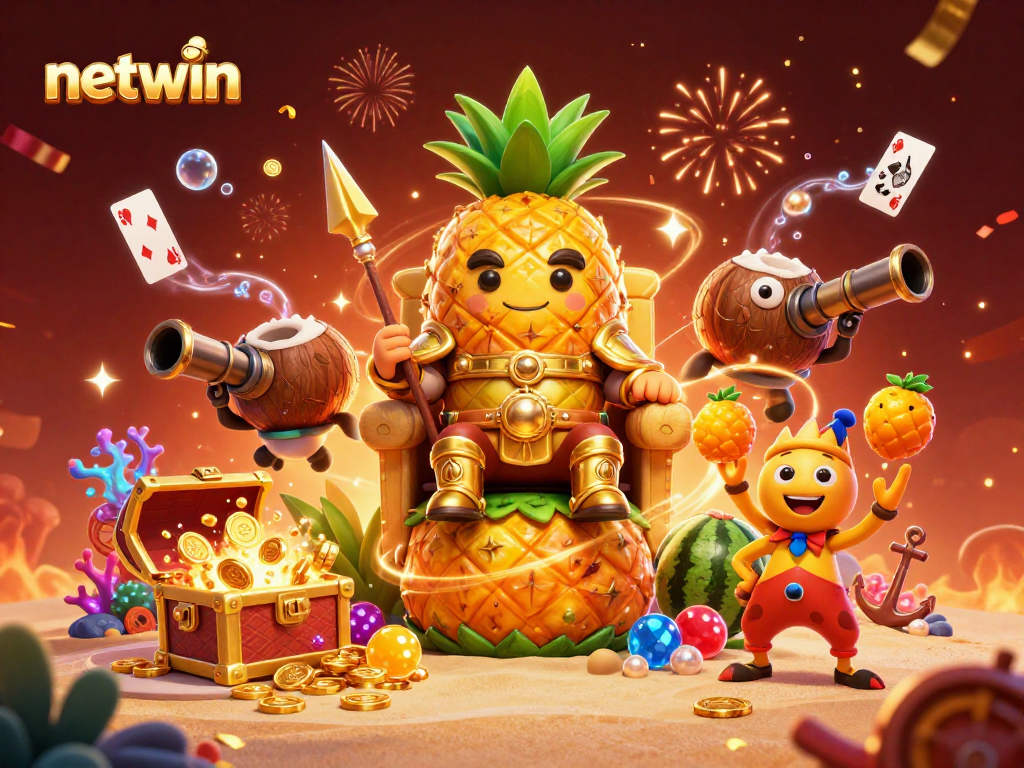 Activate your luck with netwin in a vibrant casino scene featuring the pineapple king and treasures.