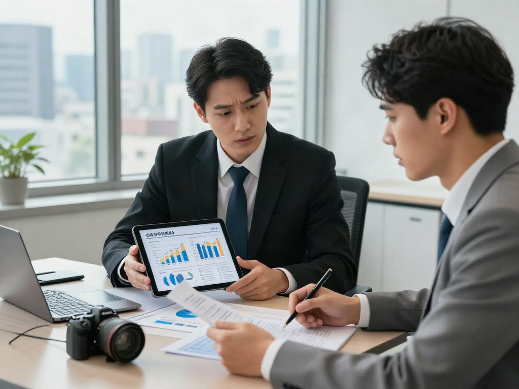 신용카드현금화90 관련 재무 상담 장면, 전문가와 고객의 이목을 끌며 금융 계획을 논의.