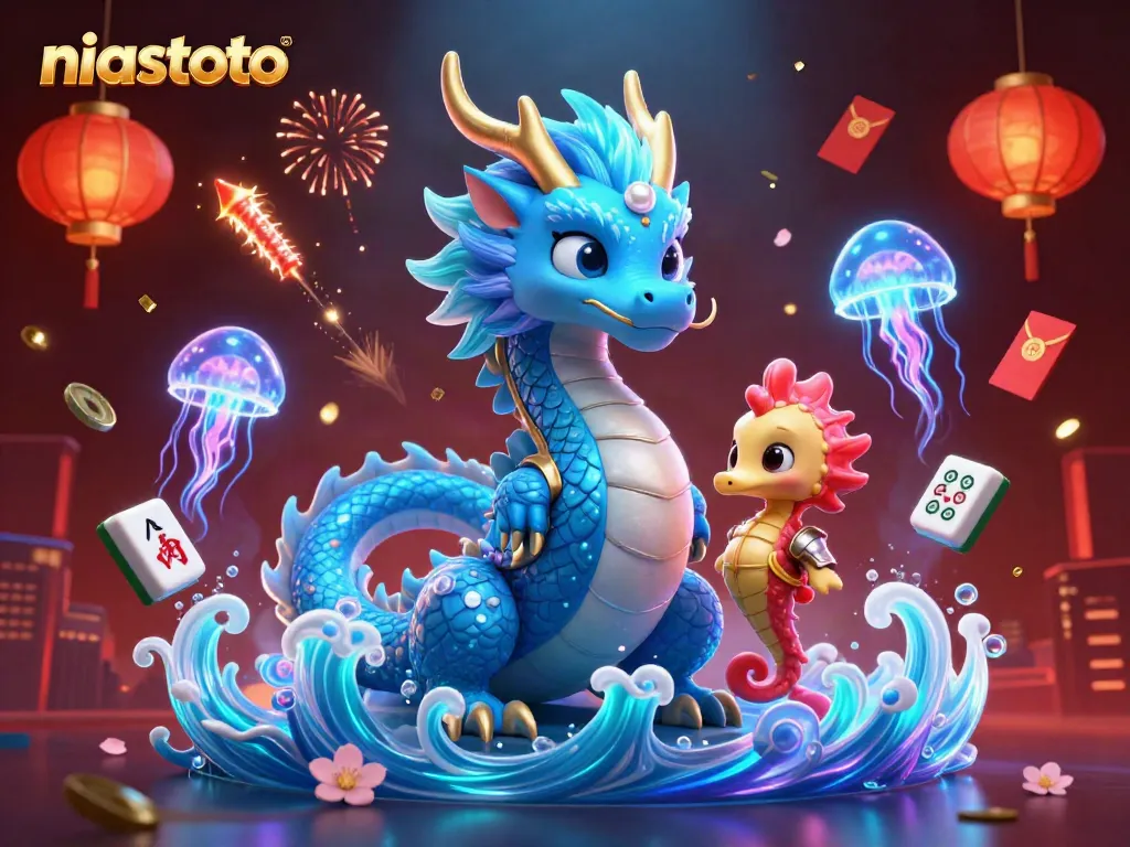 NIASTOTO showcases an engaging 3D scene with a dragon, knight, and jellyfish for online gaming fun.