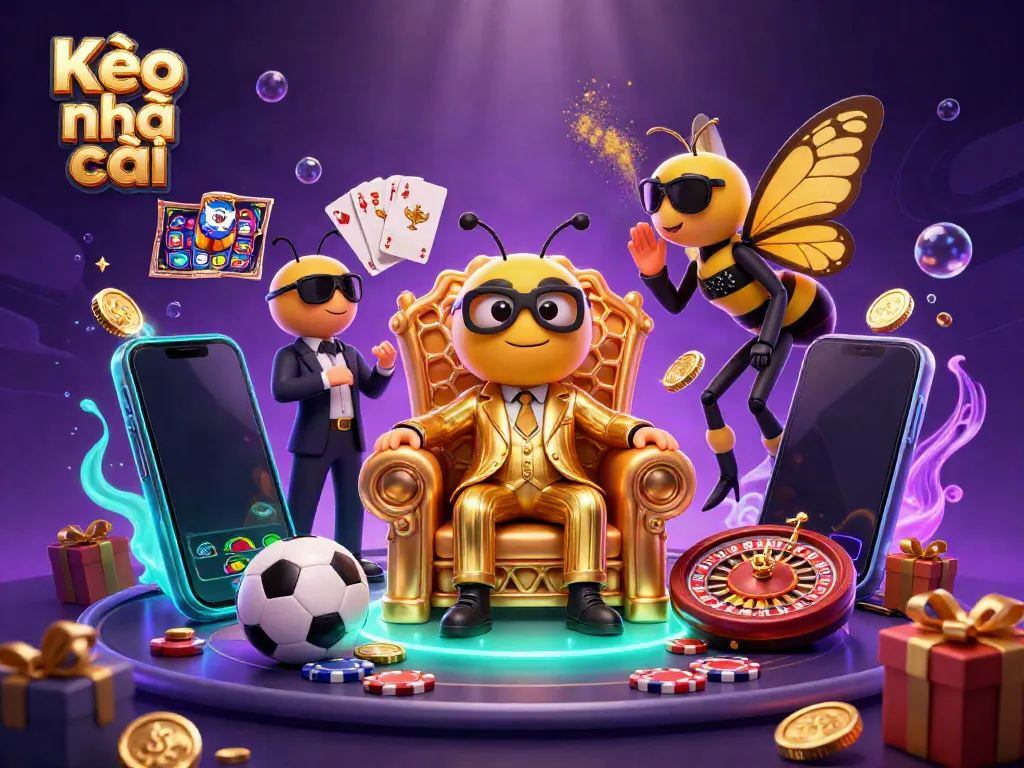 Exciting visual of Kèo nhà cái featuring a cartoon bumblebee mob boss with sports betting elements and a vibrant casino atmosphere.