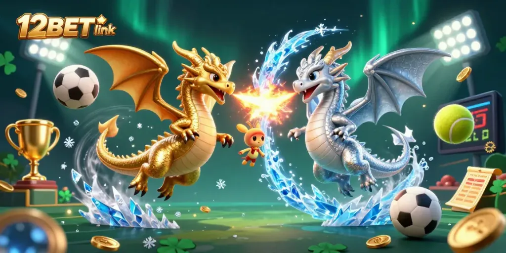 Experience the thrill of the 12BET link with dragons battling in a dynamic casino-themed scene.