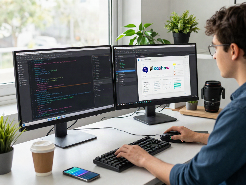 Developer coding the pikashow apk within a bright modern office environment, showcasing dual monitors and a creative workspace.