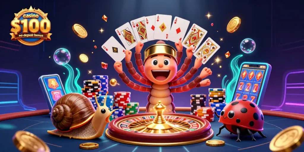 Play exciting games with the black lotus casino $100 no deposit bonus at a vibrant illustrated casino scene.