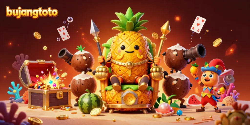Bujangtoto brings excitement with a golden pineapple king and vibrant casino elements.