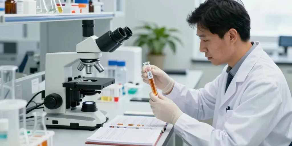 GHK-Cu peptide research in a professional skincare lab with scientist examining copper peptides.