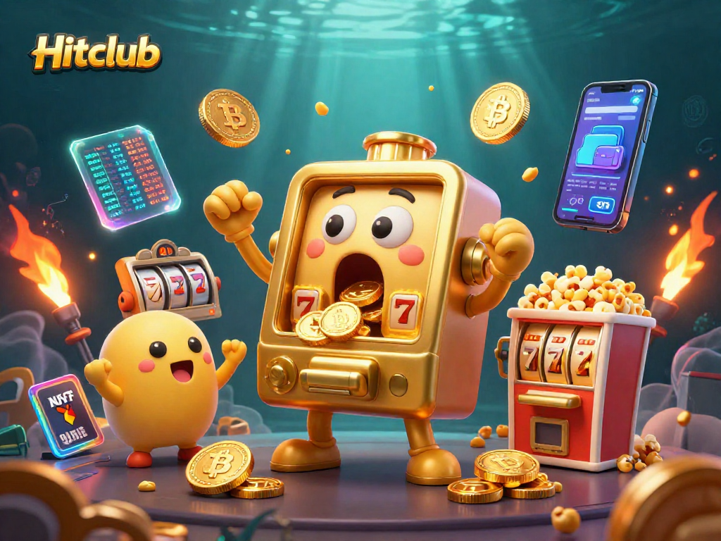 Witness a Hitclub golden slot machine hitting the jackpot surrounded by cheering characters.