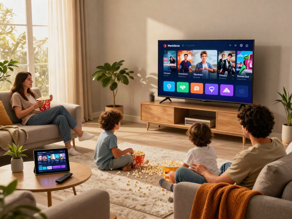 Family enjoying movie night with the Moviebox app in a cozy living room.