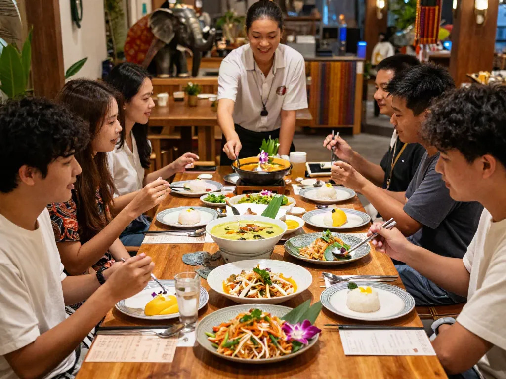 Delicious dishes from kinalyrestaurant.com served in a warm Thai dining atmosphere with friends enjoying a meal together