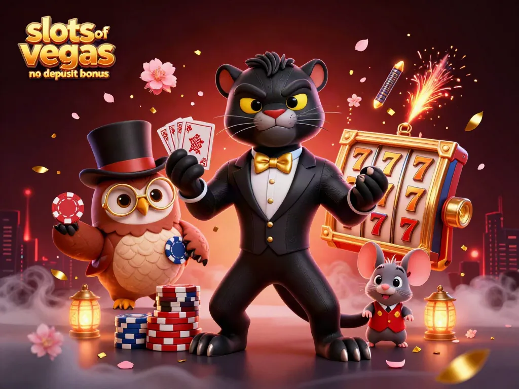 Engage with the Slots of Vegas no deposit bonus through a vibrant 3D casino scene featuring characters and game elements.