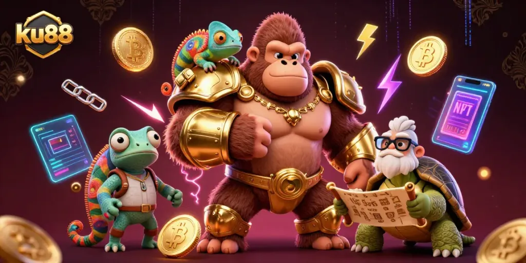 Engage in exciting gameplay with ku88 as a brave gorilla king and friends in a vibrant 3D casino world.